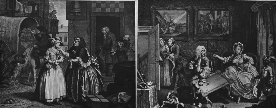 William Hogarth (1732) La carrera de una prostituta, escenas 1 y 2.